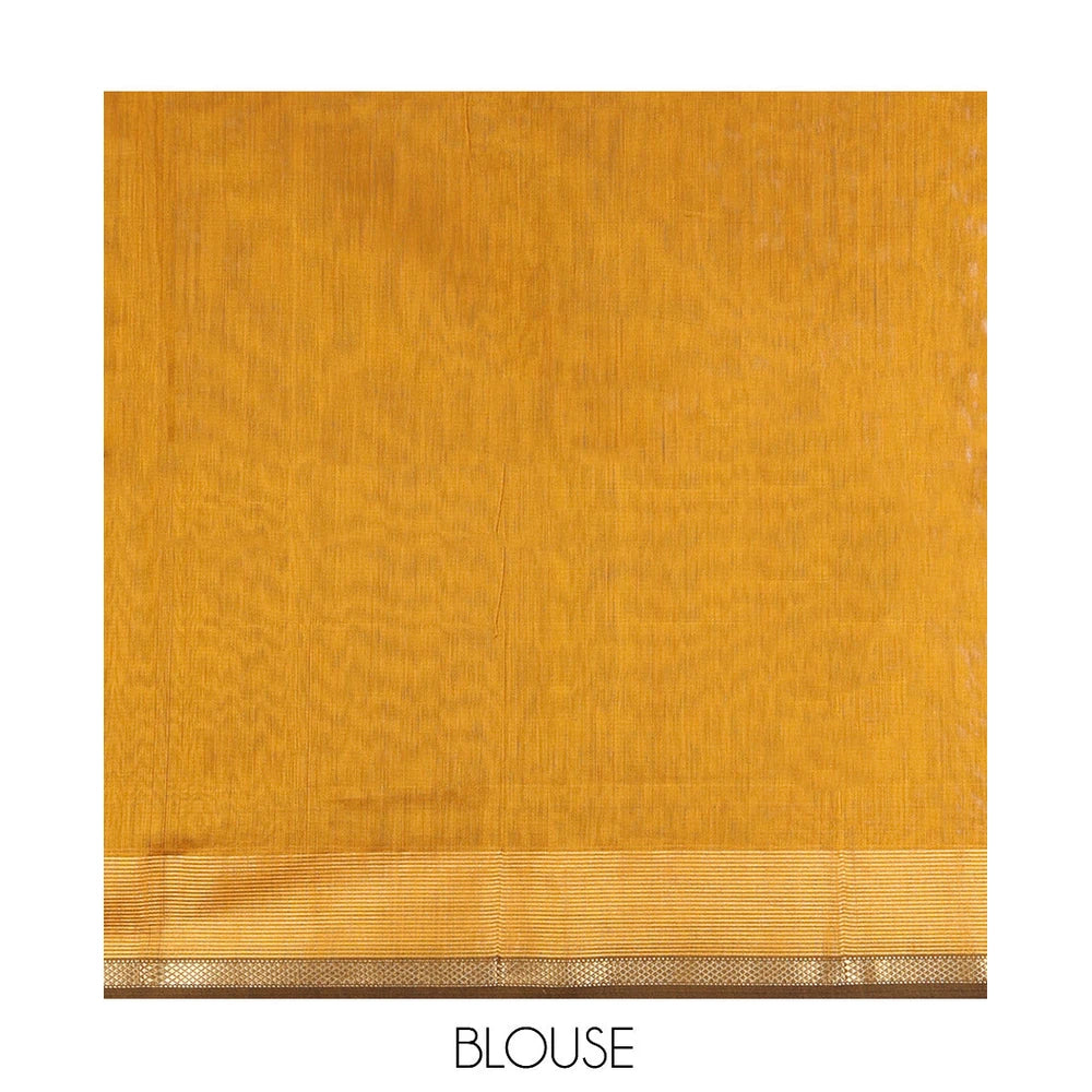 Pothys Mustard Maheshwari Cotton Saree, Adorned with Buttas, a Traditional Zari Border, Gleaming Zari Pallu, and a Matching Blouse