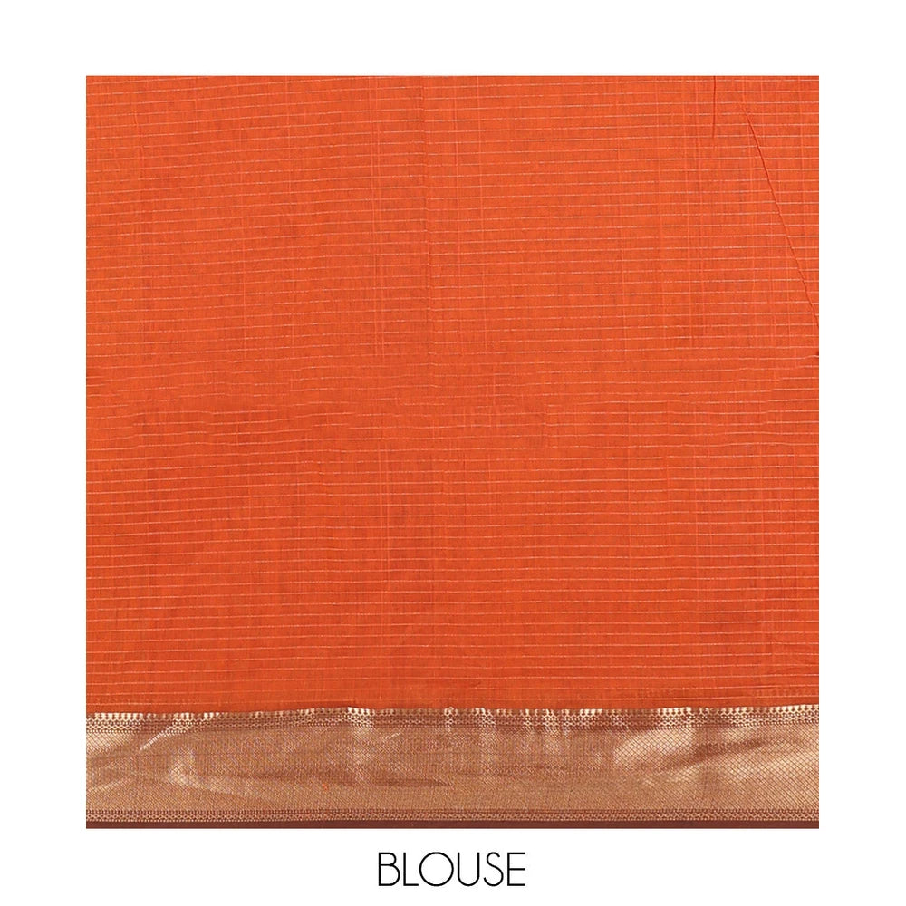 Pothys Rust Maheshwari Cotton Saree, Delicately Woven with Zari Checks, a Traditional Zari Border, Gleaming Zari Pallu, and a Matching Blouse