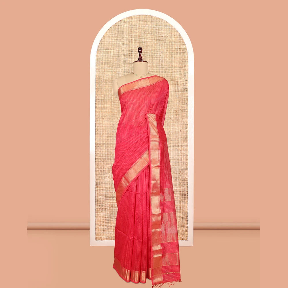 Pothys Pink Maheshwari Cotton Saree, Gleamed Up with Zari Checks, a Traditional Zari Border, Zari Striped Pallu, and a Matching Blouse