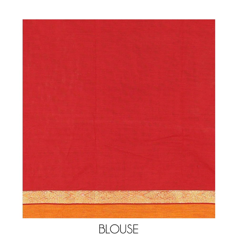 Pothys Maroon Plain Chettinad Cotton Saree with a Contrast Ganga-Jamuna Border, Striped Pallu, and a Matching Blouse