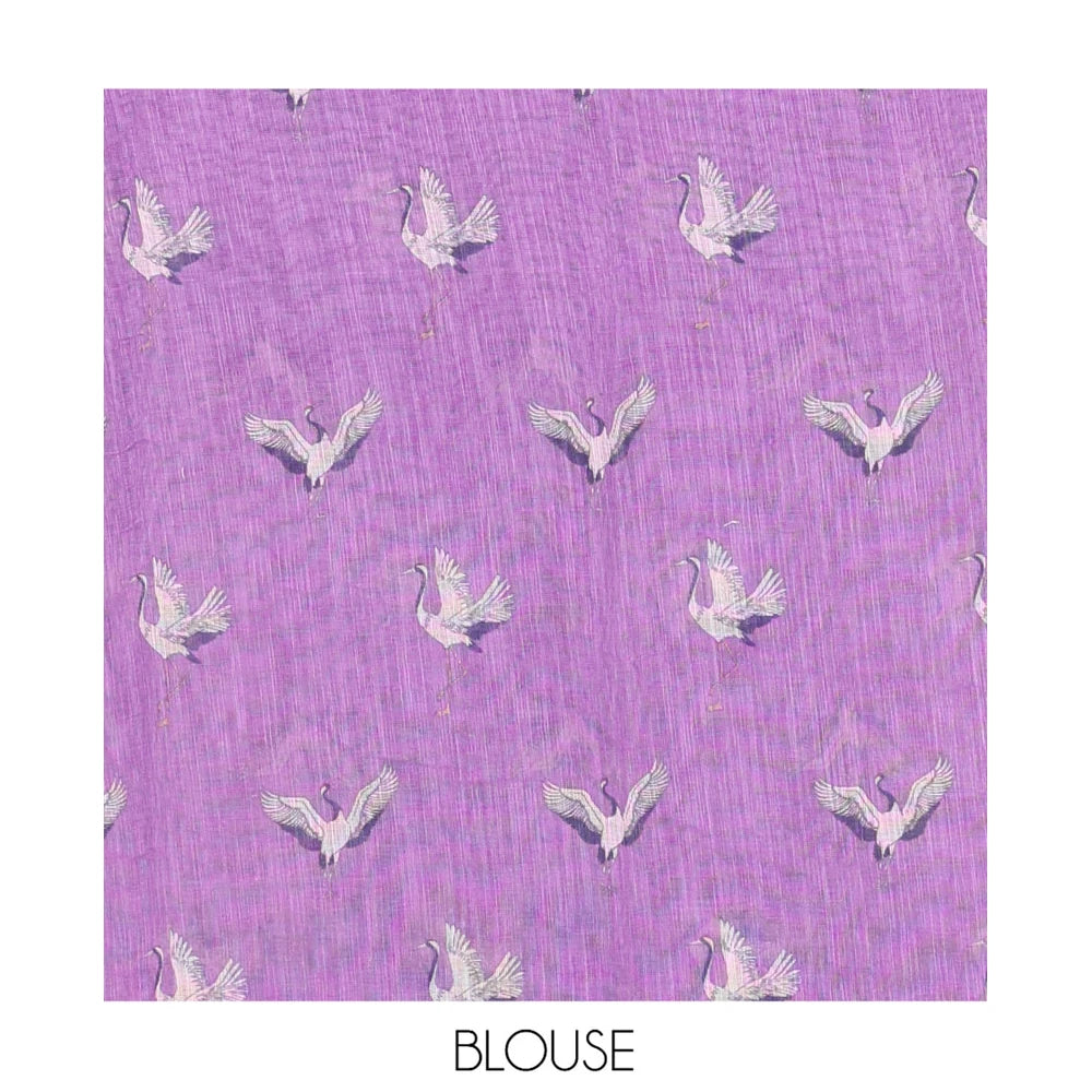 Pothys Borderless Violet Linen Cotton Saree, Adorned with Crane Motifs Print, and a Matching Blouse