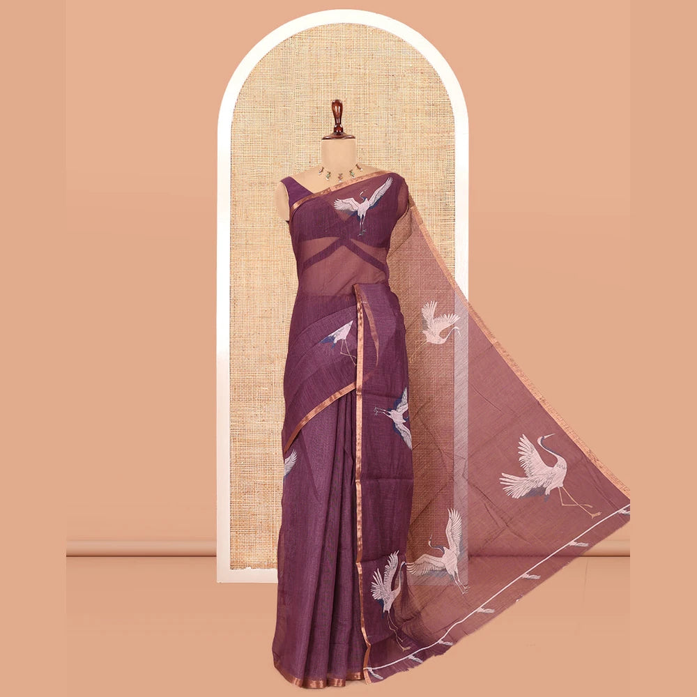 Pothys Borderless Wine Linen Cotton Saree, Adorned with Crane Motifs Print, and a Matching Blouse