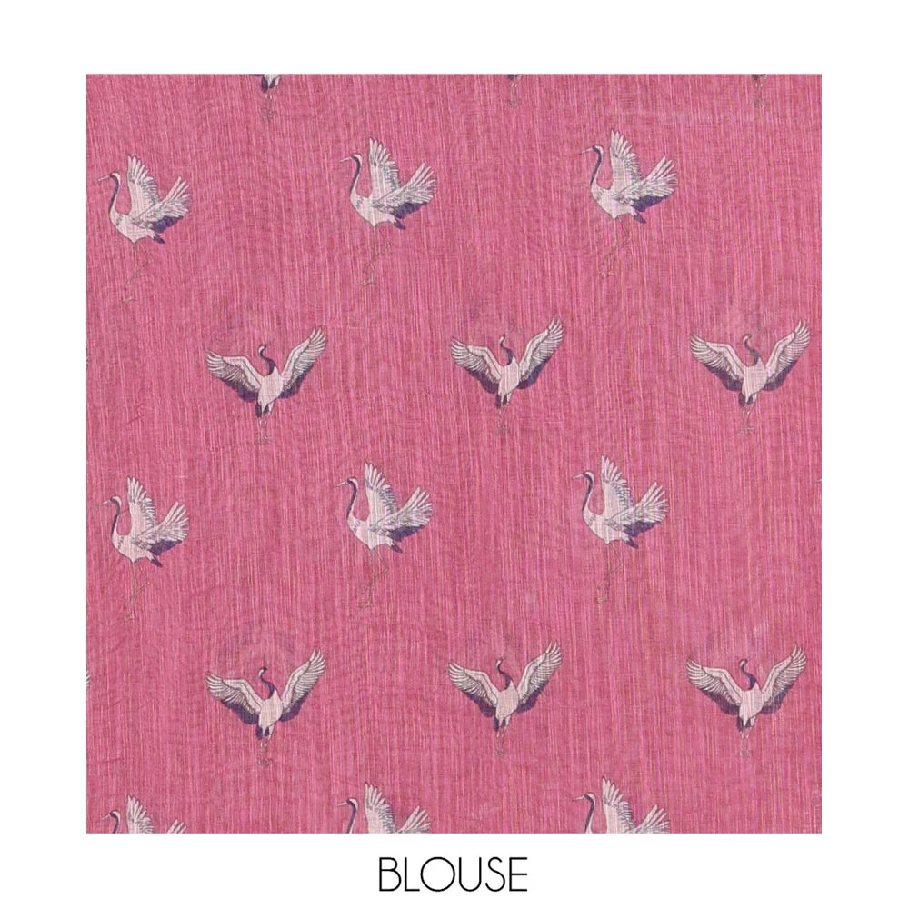 Pothys Borderless Pink Linen Cotton Saree, Adorned with Crane Motifs Print, and a Matching Blouse