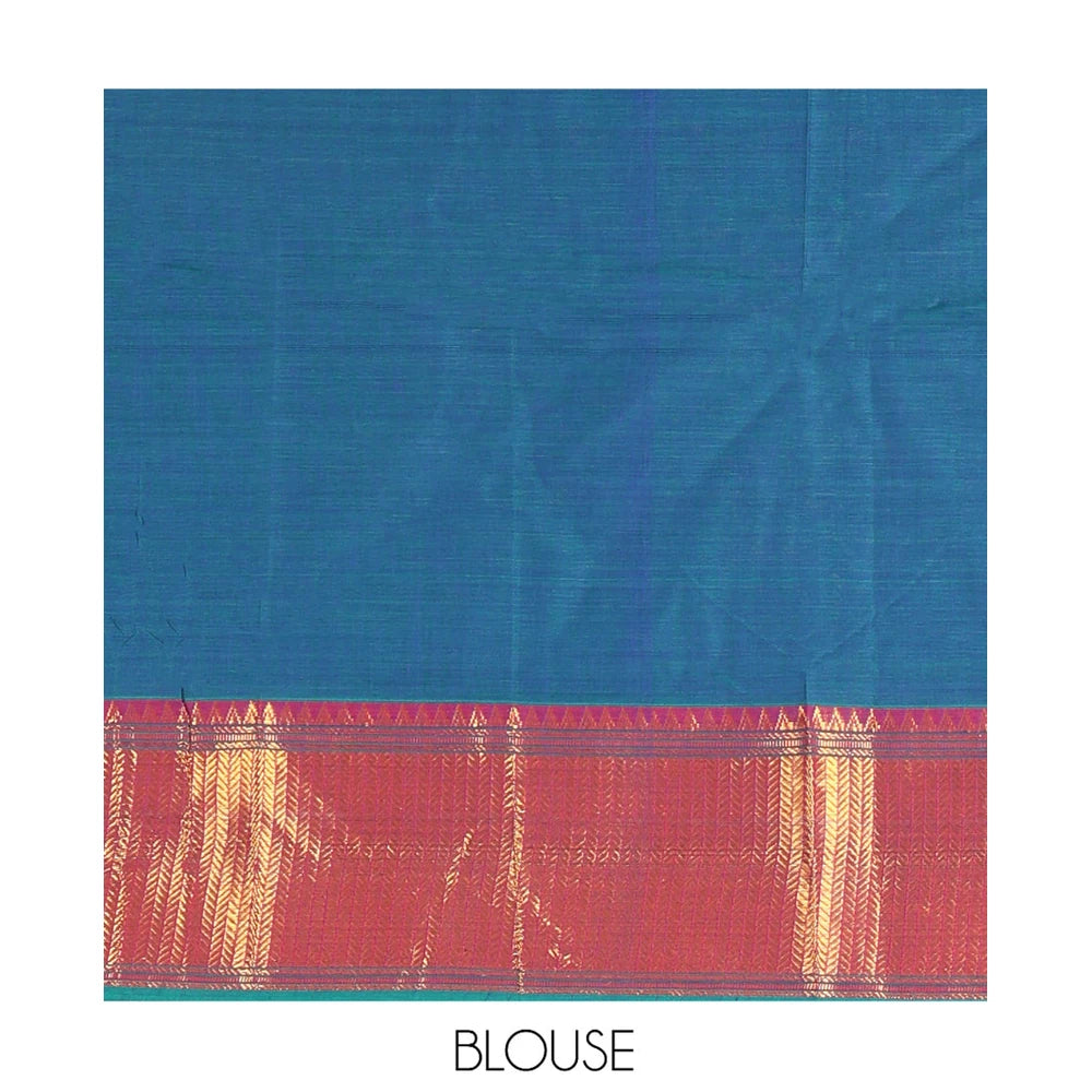Pothys Rama Blue Plain Mercerised Cotton Saree, a Contrast Traditional Zari Border, Striped Pallu and a Matching Blouse