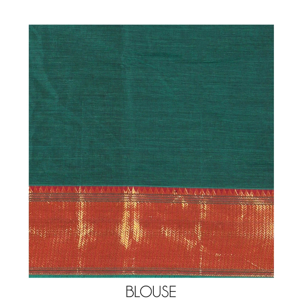 Pothys Green Plain Mercerised Cotton Saree, a Contrast Traditional Zari Border, Striped Pallu and a Matching Blouse