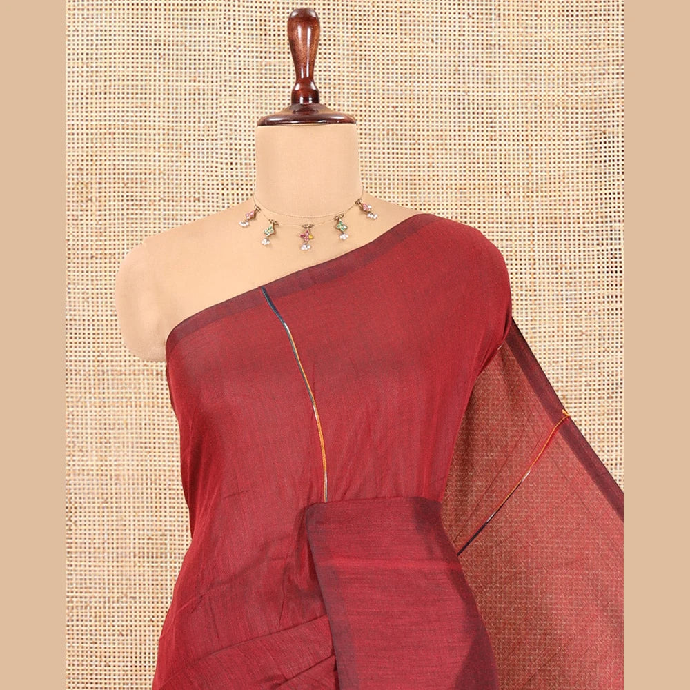 Pothys Borderless Maroon Khadi Mul Cotton, Subtly Woven with Multi-Color Stripes, a Self-Pallu and No Blouse