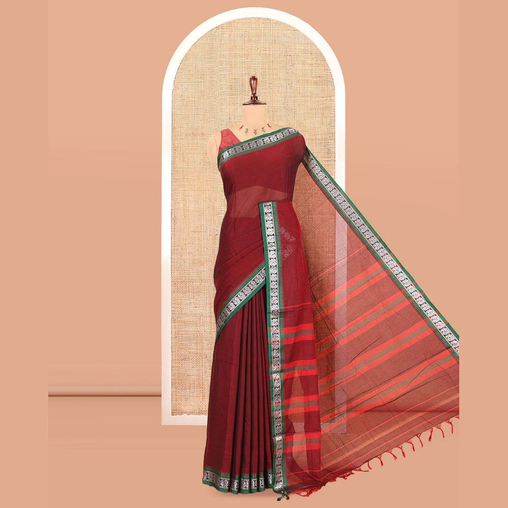 Pothys Maroon Plain Mercerized Cotton Saree, a Contrast Peacock Temple Thread Border, Striped Pallu, and a Matching Blouse