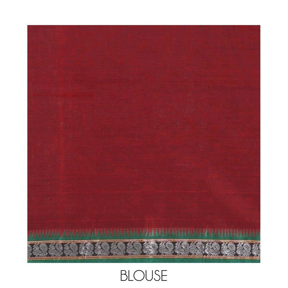 Pothys Maroon Plain Mercerized Cotton Saree, a Contrast Peacock Temple Thread Border, Striped Pallu, and a Matching Blouse