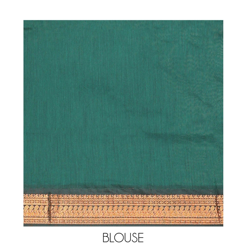 Pothys Green Kalyani Cotton Saree, Subtly Sparkled with Thread Buttas, a Contrast Traditional Zari Border, Grand Pallu, and a Contrast Blouse