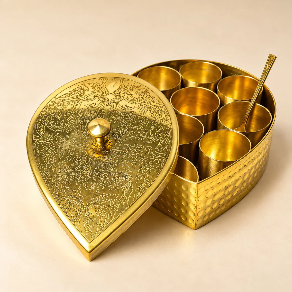 Royal Brass Masala Dabba – Traditional Spice Box with 8 Containers & Decorative Lid