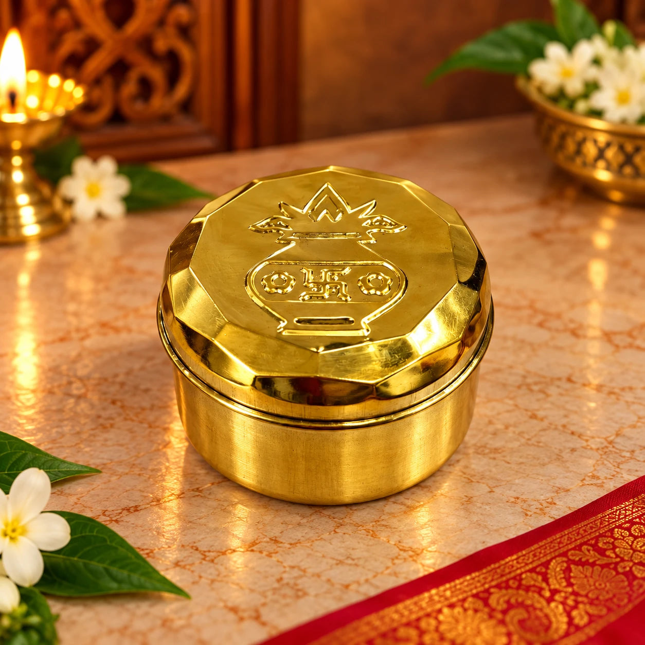 Traditional Brass Pooja Kumkum Box – 5 Compartment Set with Kalash Design