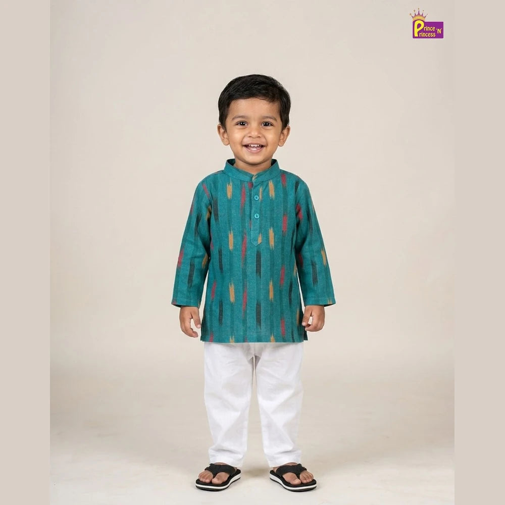 Boys Cotton Ikkat Kurta Pajama in Rama Green KP208