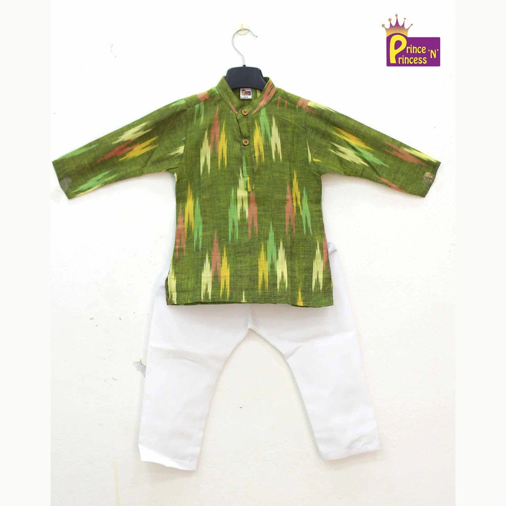 Boys Green White Cotton Ikkat kurta Pajama KP161