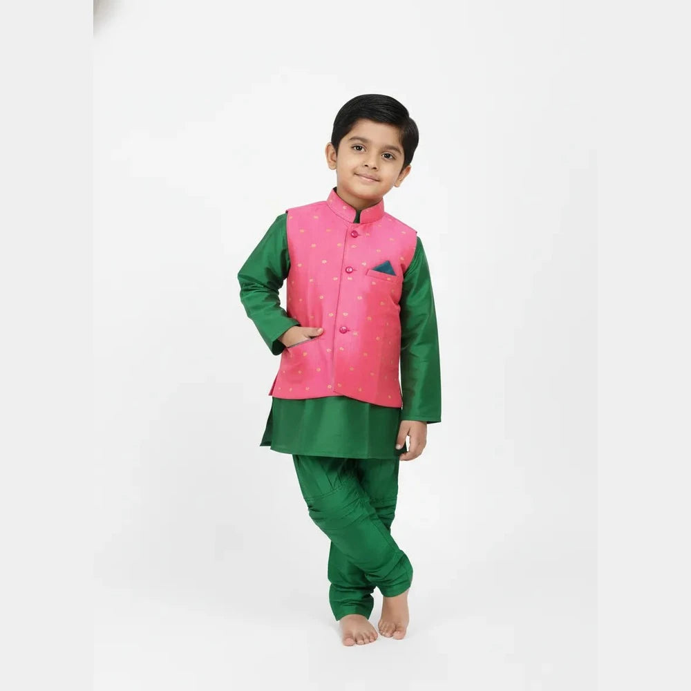 Boys Kurta Pajama with Coat in Pink with Green KP101