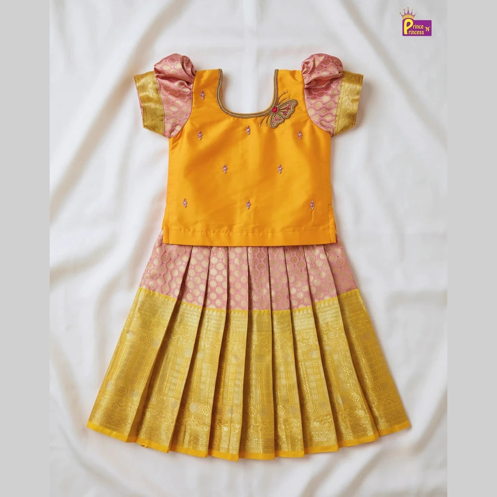 Butterfly Pattu Pavadai for Girls - Yellow Pink Diwali Pattu Pavadai Set PPP2181