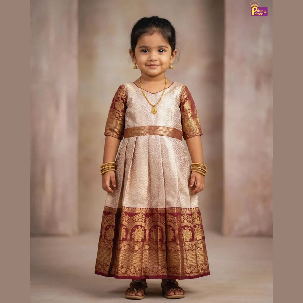 Girls Maroon Banarasi Chanderi Gown with Banarasi Coat Kids Festive Dress | Clearance Sale PG433