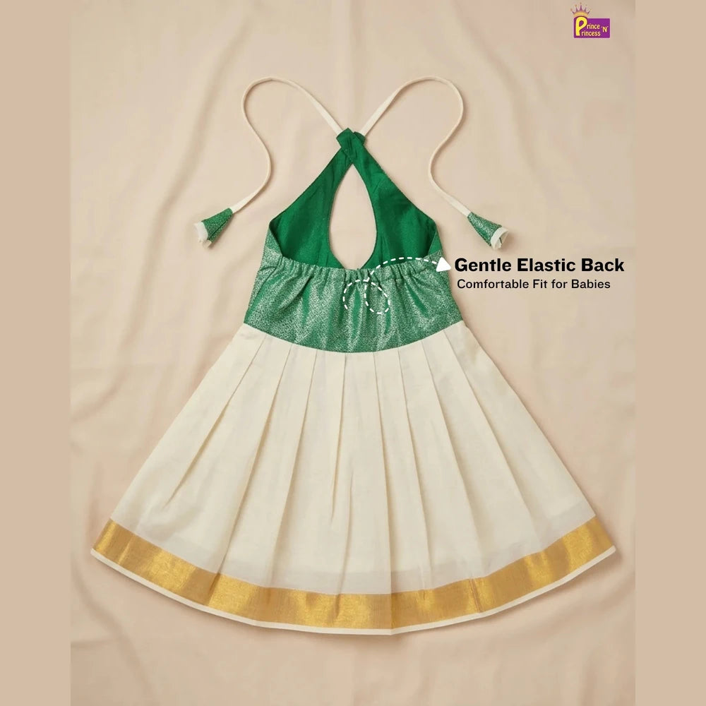 Kerala Pattu Frock for Baby Girls Green Kasavu Traditional Dress LF1904