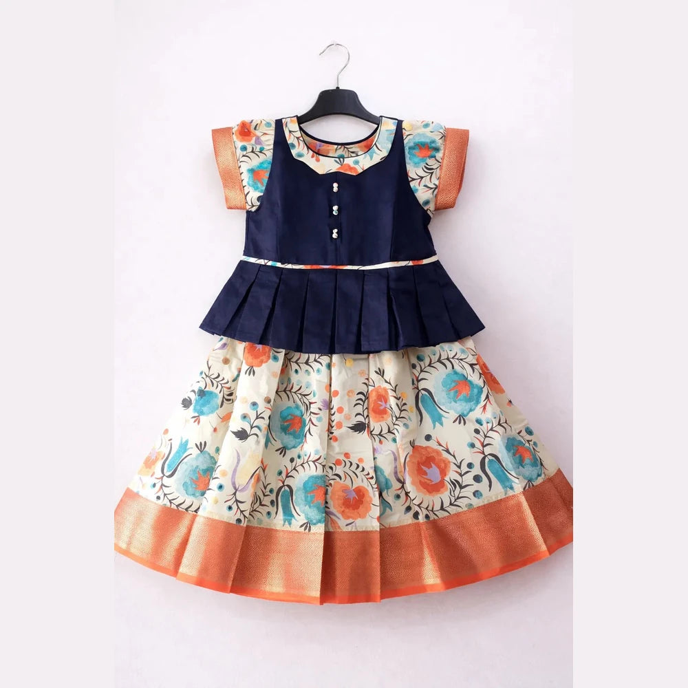Kids Blue and Orange Traditional Pattu Pavadai PPP1374