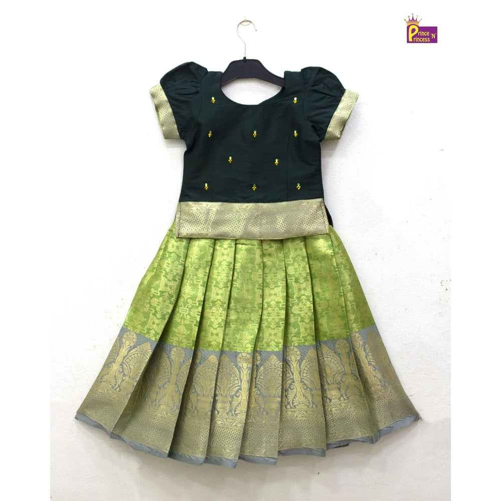 Kids Bottle and Light Green Traditional Aari Work Pattupavadai PPP1859