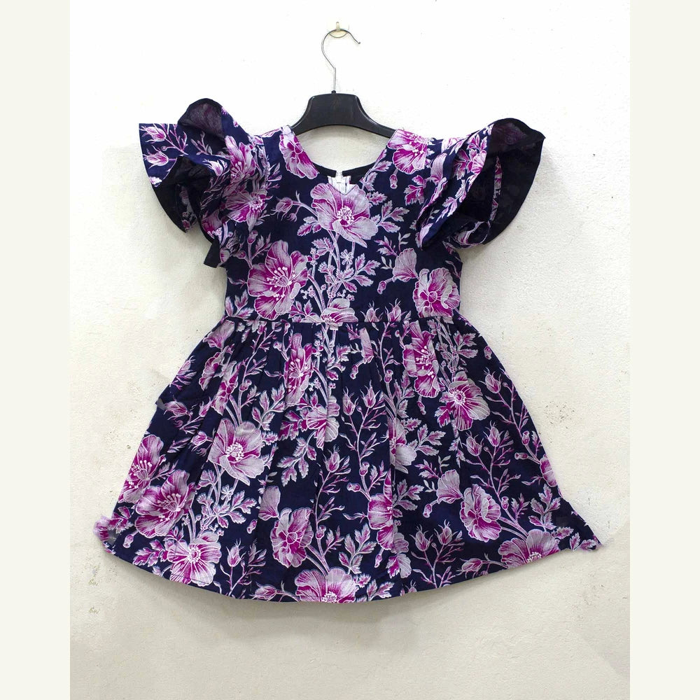 Kids Dark Blue Pink Floral Cotton Frock CF377
