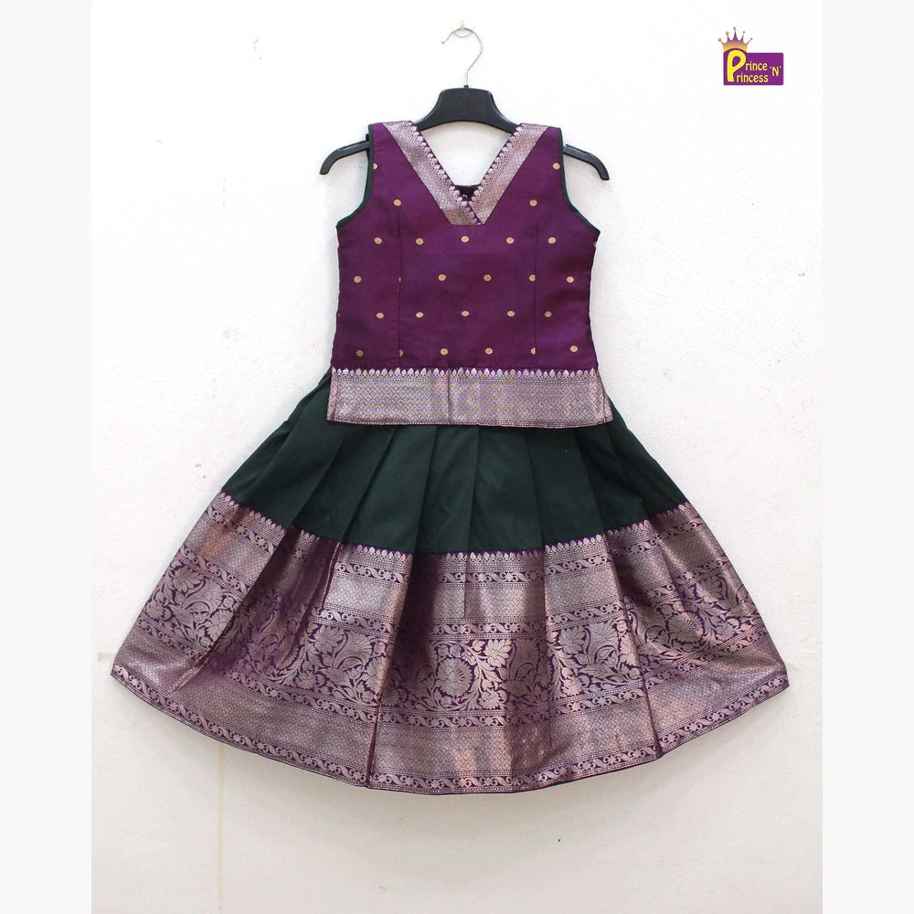 Pattu Pavadai Wine Green Raw Silk Banarasi Border | Kids Festival Wear PPP1628
