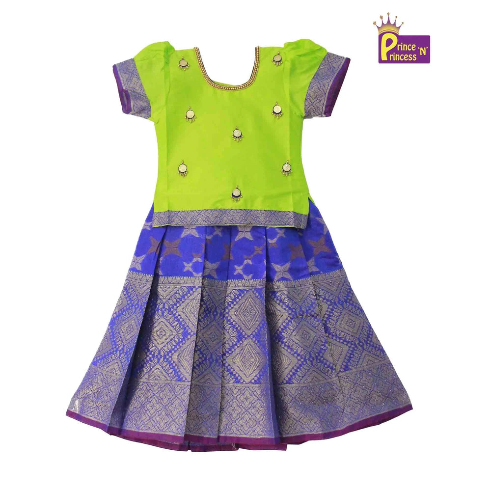 Kids Green Blue Traditional AARI Pattu Pavadai PPP845