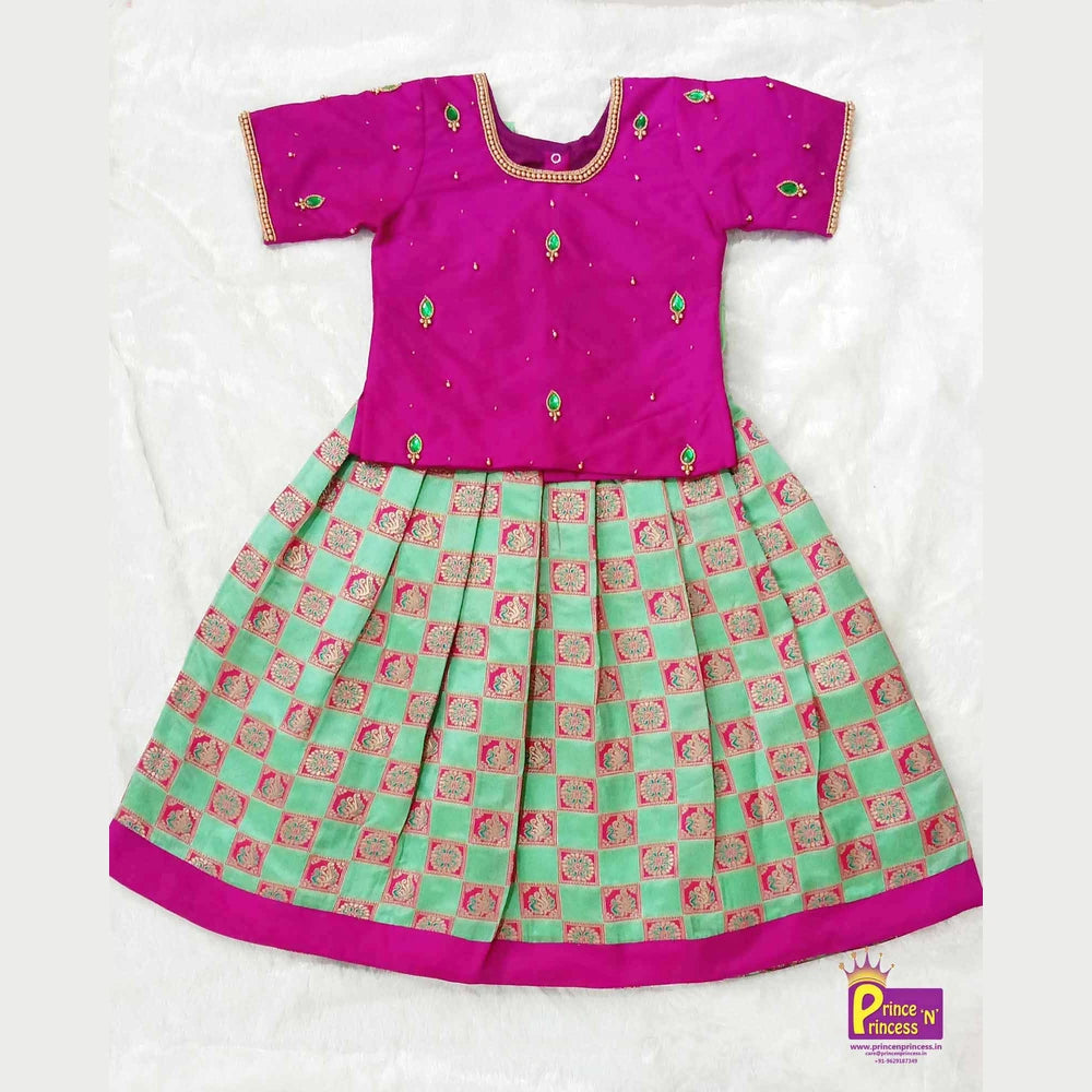 Kids Magenta Rama green AARI Work Designer Pattu Pavadai PPP808