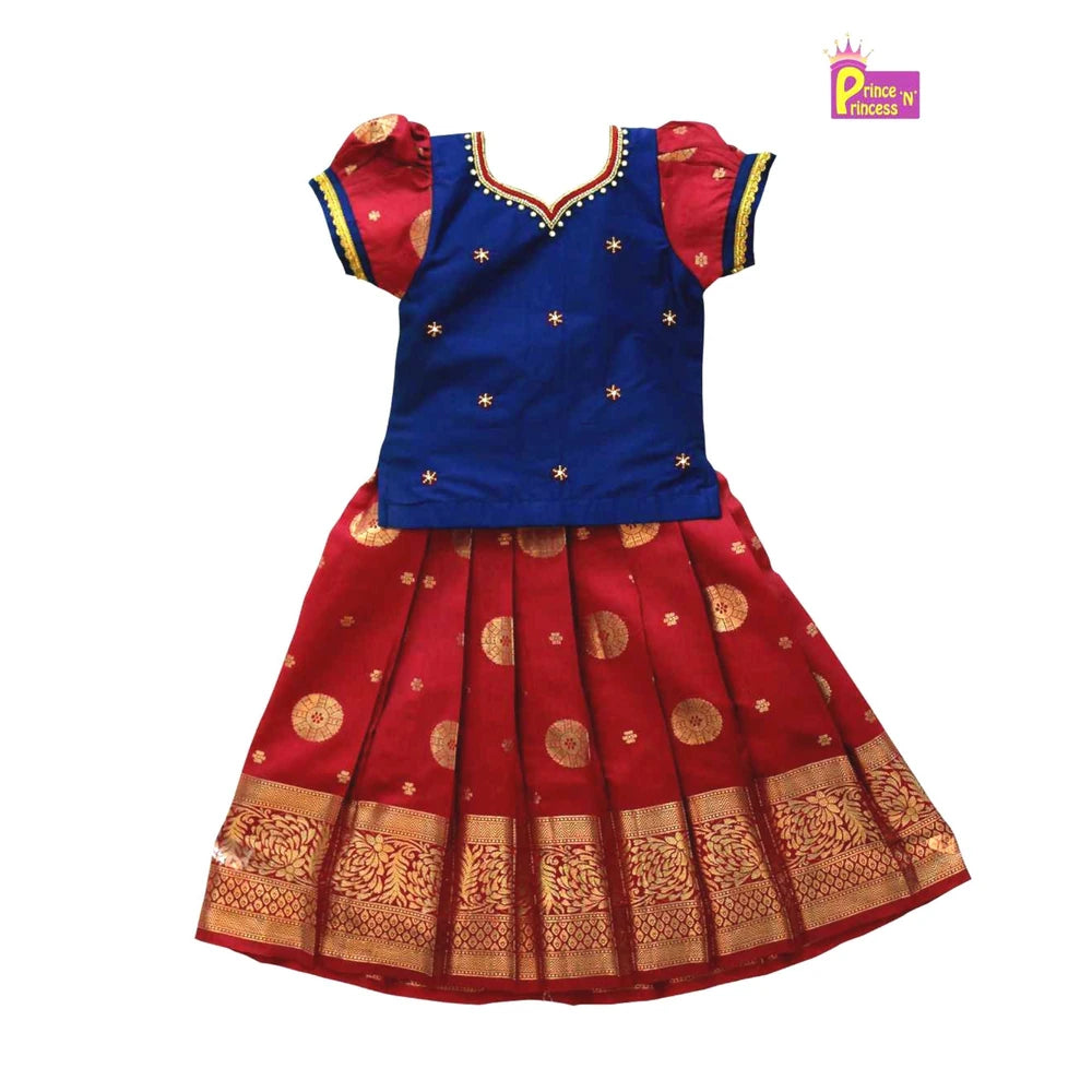 Kids Maroon Blue Grand Aari Work Pattu Pavadai PPP1097