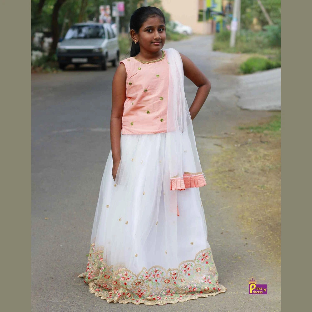 Kids Peach white Embroidery Border Lehenga Choli LC125