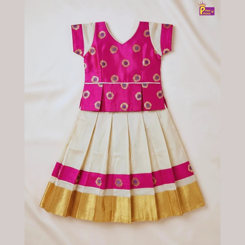 Kids Pink And Half white Traditional Pattu Pavadai PPP1346