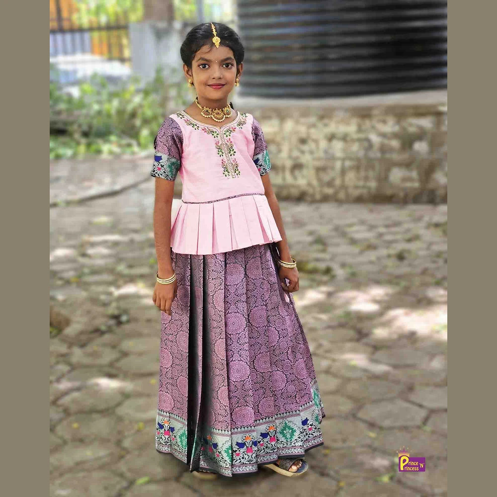 Kids Pink Raw Silk tops AARI Work Pattu Pavadai PPP1543