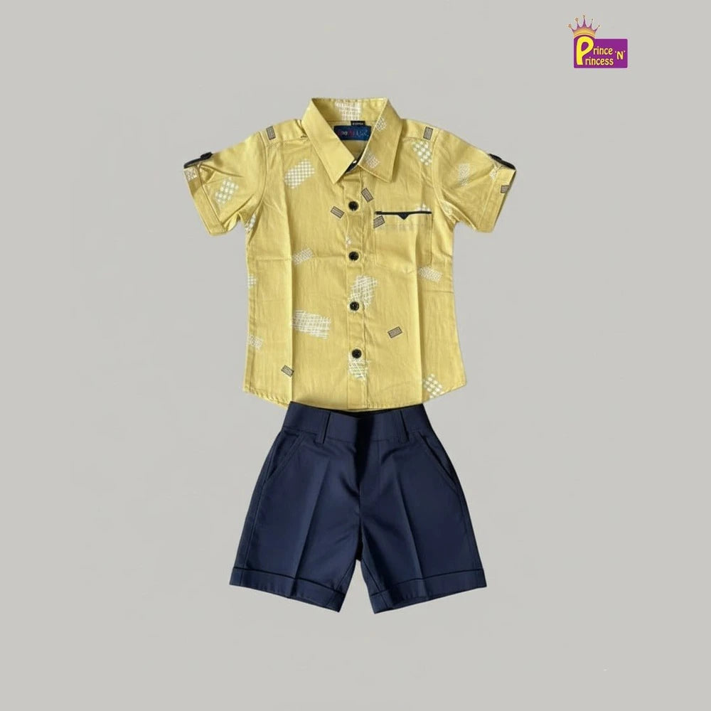 Kids Printed Half Sleeve Shirt in Yellow with Navy ST221