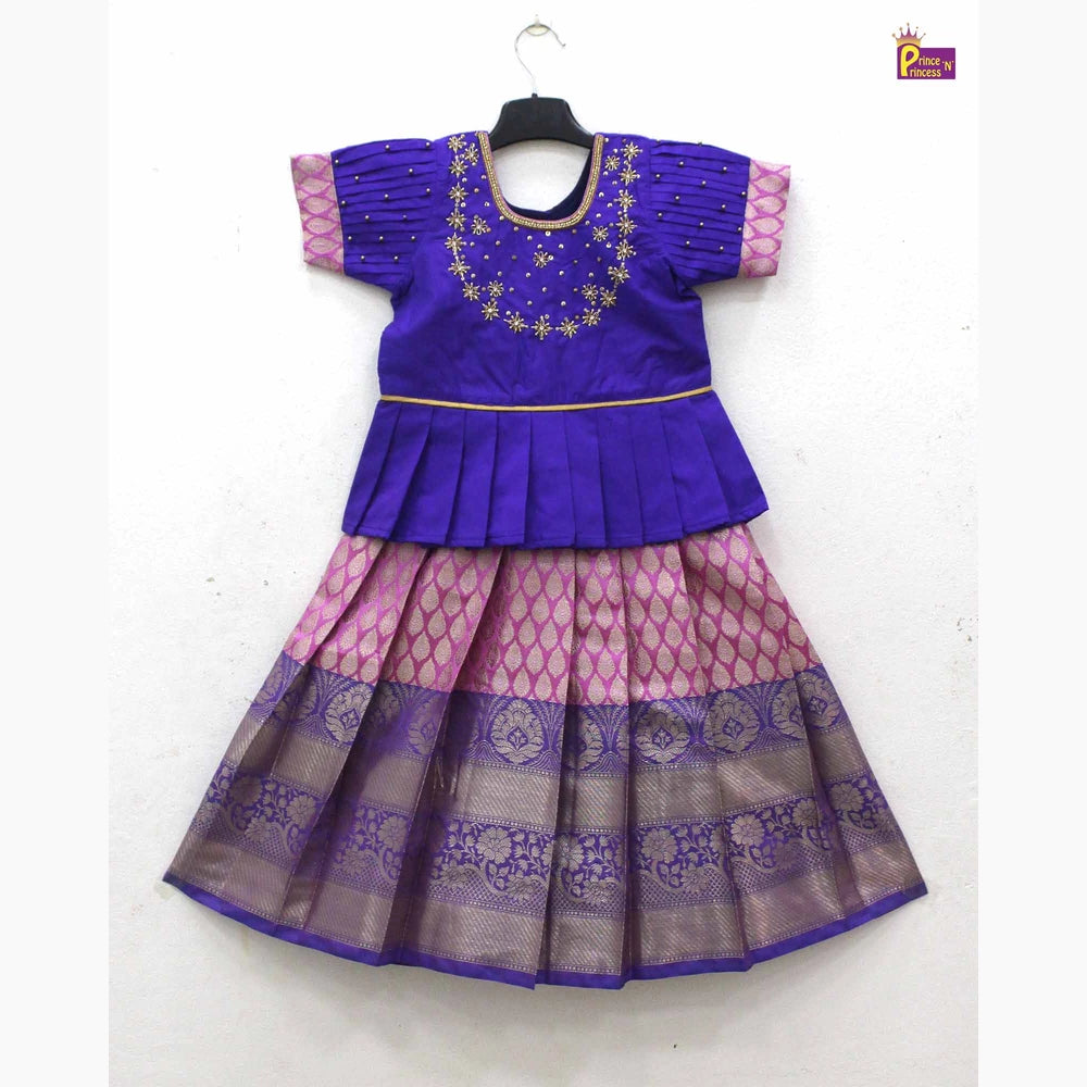 Kids Purple with Pink Traditional AARI Work pattu Pavadai PPP1652