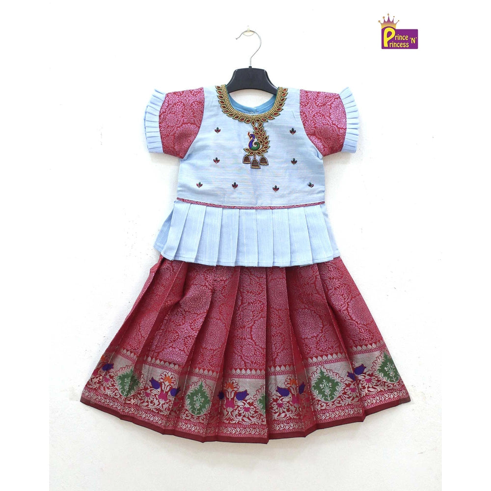Peacock Aari Work Pattu Pavadai Sky Blue Pink | Designer Sleeve Set PPP1767