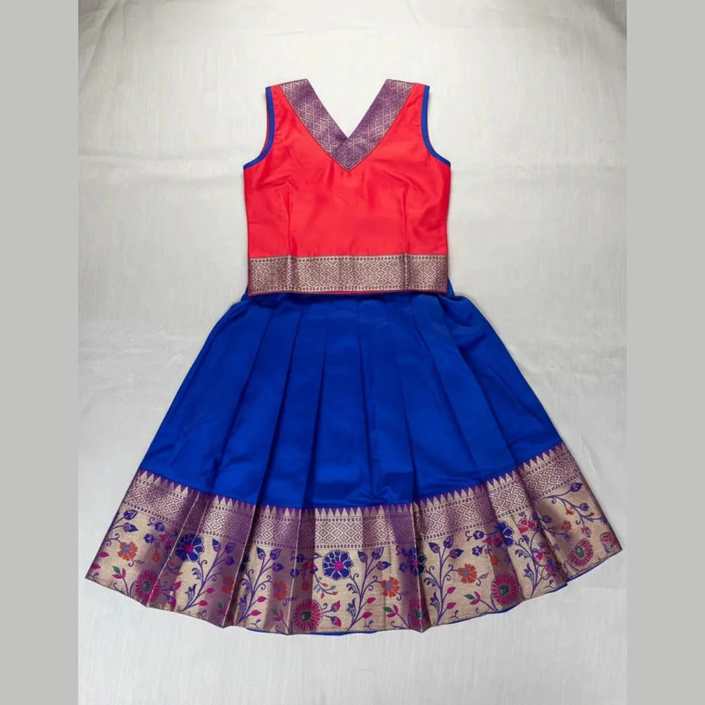 Kids Traditional Pattupavadai Red with Pepsi Blue PPP1981