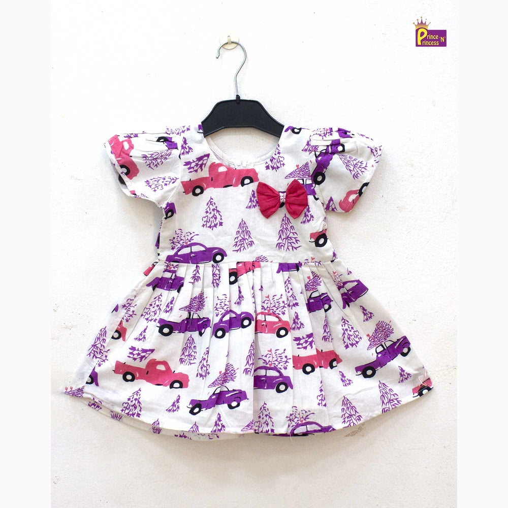White Cotton Knee Frock Boat Neck Puff Sleeve | Kids Elegant Wear CF385