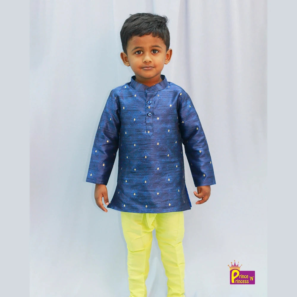 Navy Blue Silk Kurta with Yellow Pajama KP084