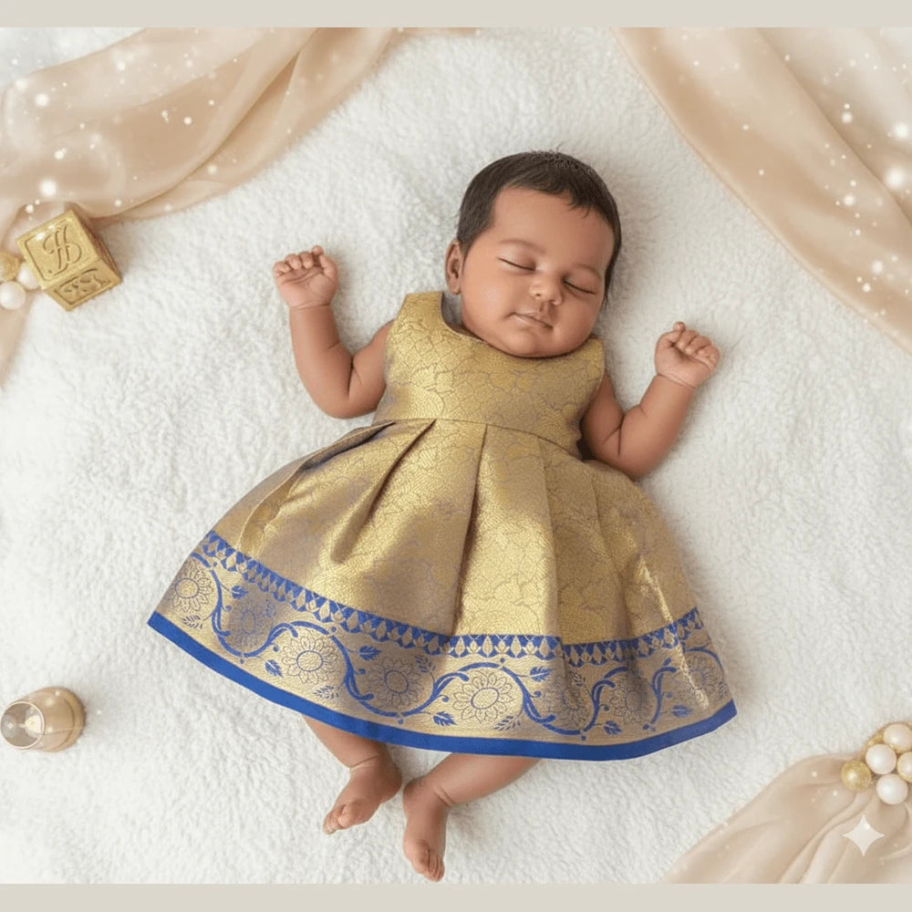 New Born Blue with Gold Banarasi Silk Knot Type Frock LF1628