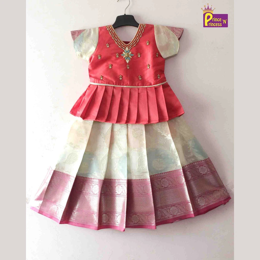 Prince N Princes Peach and Half white AARI Work pattu Pavadai PPP1405