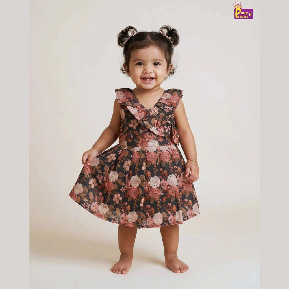 Summer Cotton Frock for Baby Girls Floral Brown Casual Dress CF352