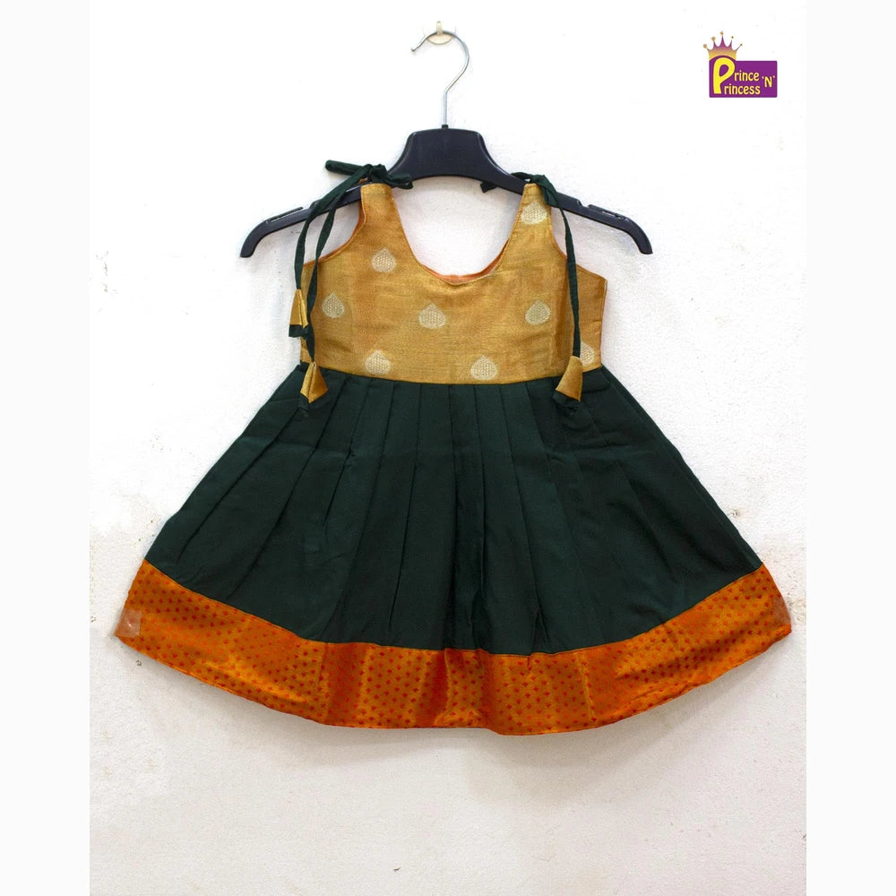 Orange Green Tissue Silk Knee Frock | Kids Traditional Festival Wear LF1416