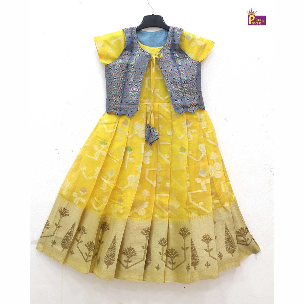 Pattu Gown Yellow with Banarasi Coat | Baby Girl Festival Wear PG500