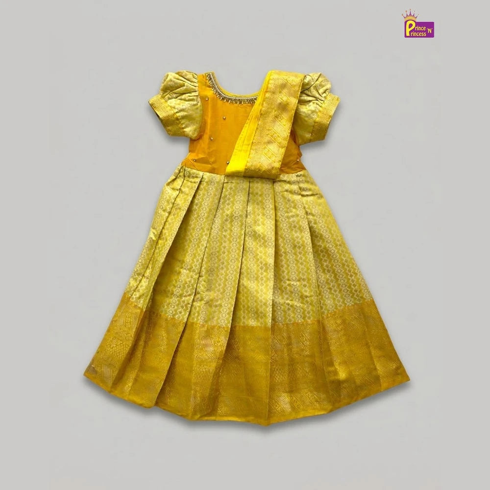 Yellow Banarasi Pattu Gown Semi Saree Pleat Model | Aari Work Gown PG587