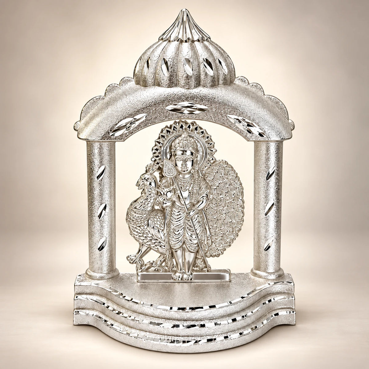 German Silver Lord Murugan Idol with Peacock and Decorative Temple Mandapam