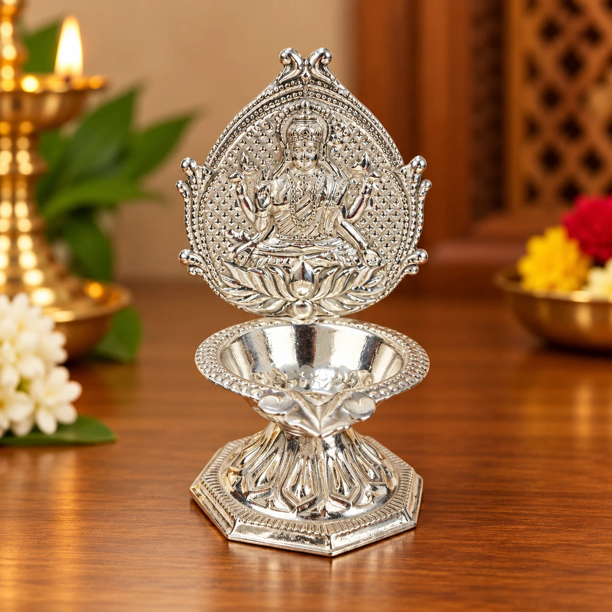 German Silver Goddess Lakshmi Diya – Decorative Pooja Lamp
