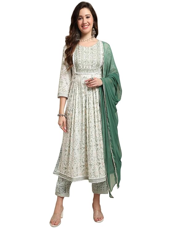 Amayra Women's Viscose Rayon Nayra Cut Embroidered Kurta with Pant and Dupatta Set