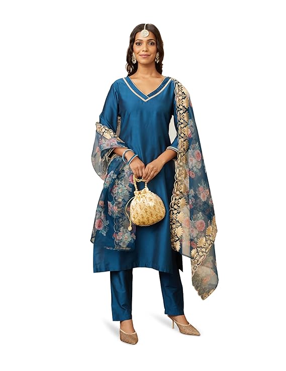 Myx Women's Kurta Pant Set with Embroidered Organza Dupatta Blue