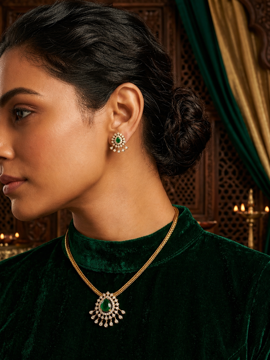 Attigai Type Necklace with American Diamond Stone and Matching Earring Set ( Green)
