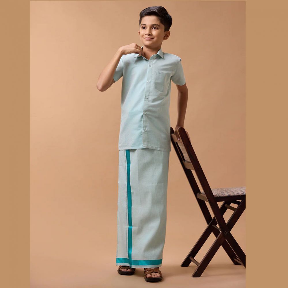 Ramraj's Sankalpam (Ramar Green) - Boys Tissue Jari Half Sleeve Shirt Dhoti Set