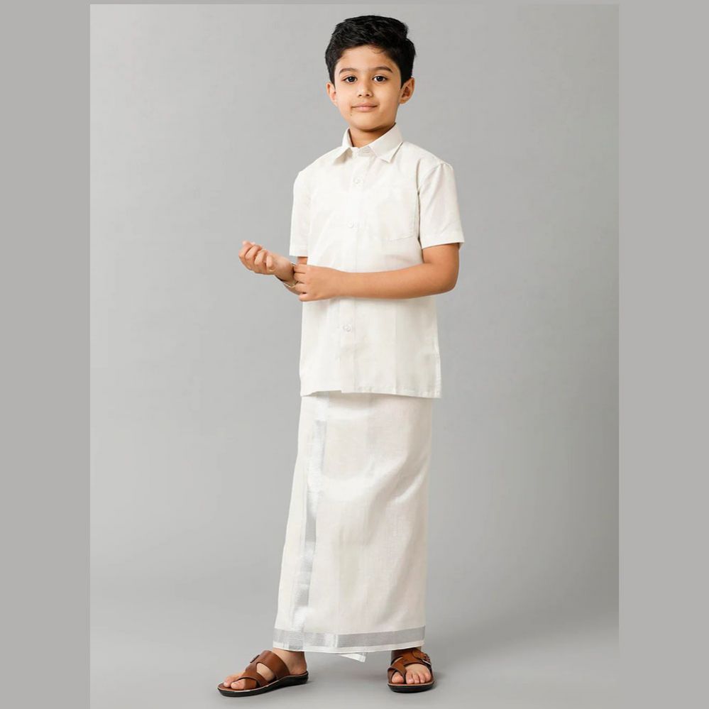 Ramraj's Sankalpam (Silver) - Boys Tissue Jari Half Sleeve Shirt Dhoti Set
